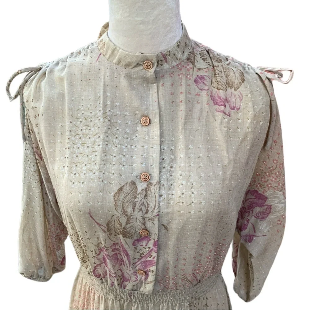 Vintage Melissa Lane Sheer Floral Modest Pleated Midi Dress 8 | Cottage Prairie - Picture 6 of 11